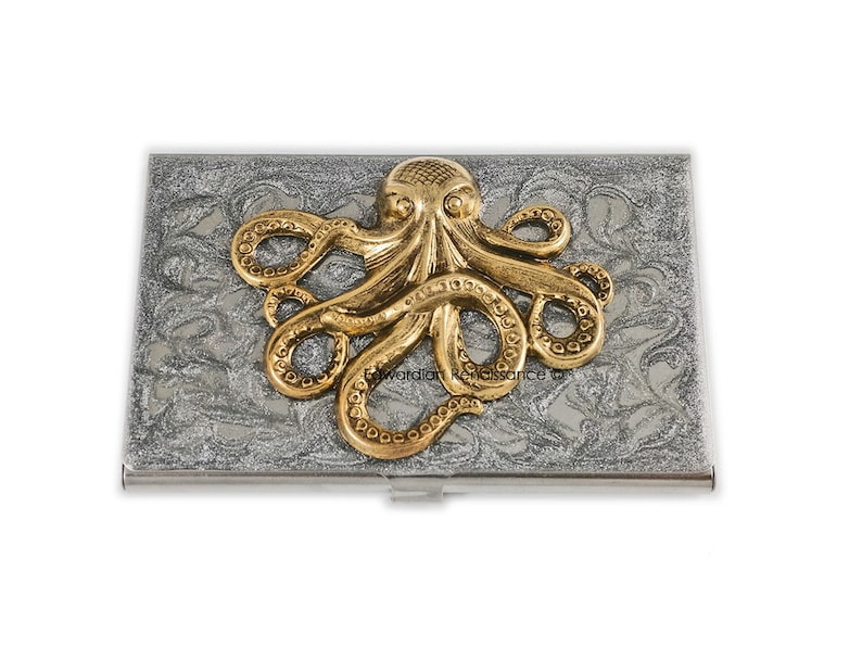 Octopus Business Card Case Inlaid in Hand Painted Enamel Steampunk Kraken Metal Wallet Silver Swirl Design Custom Colors and Personalized image 1