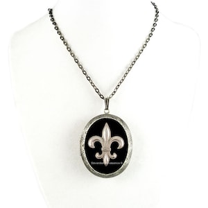 Fleur De Lys Locket Necklace: Black Onyx Enamel, Burnished Silver Pill Box Pendant