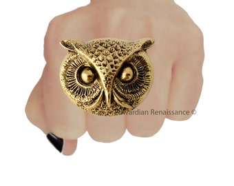 Large Owl Head Ring plated in Antiqued Gold Gothic Victorian Inspired Statement Ring with Adjustable Band