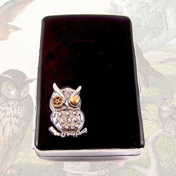 Robot Owl Cigarette Case Inlayed in Hand Painted Black Enamel Mechanical Owl with Gear and Cog Wallet Personalized and Color Options