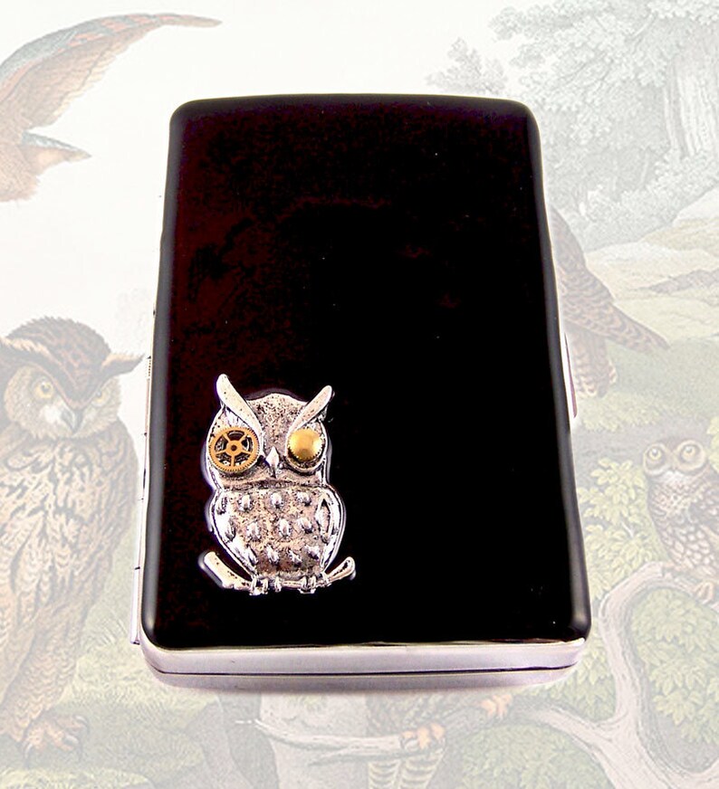 Robot Owl Cigarette Case Inlayed in Hand Painted Black Enamel Mechanical Owl with Gear and Cog Wallet Personalized and Color Options image 1