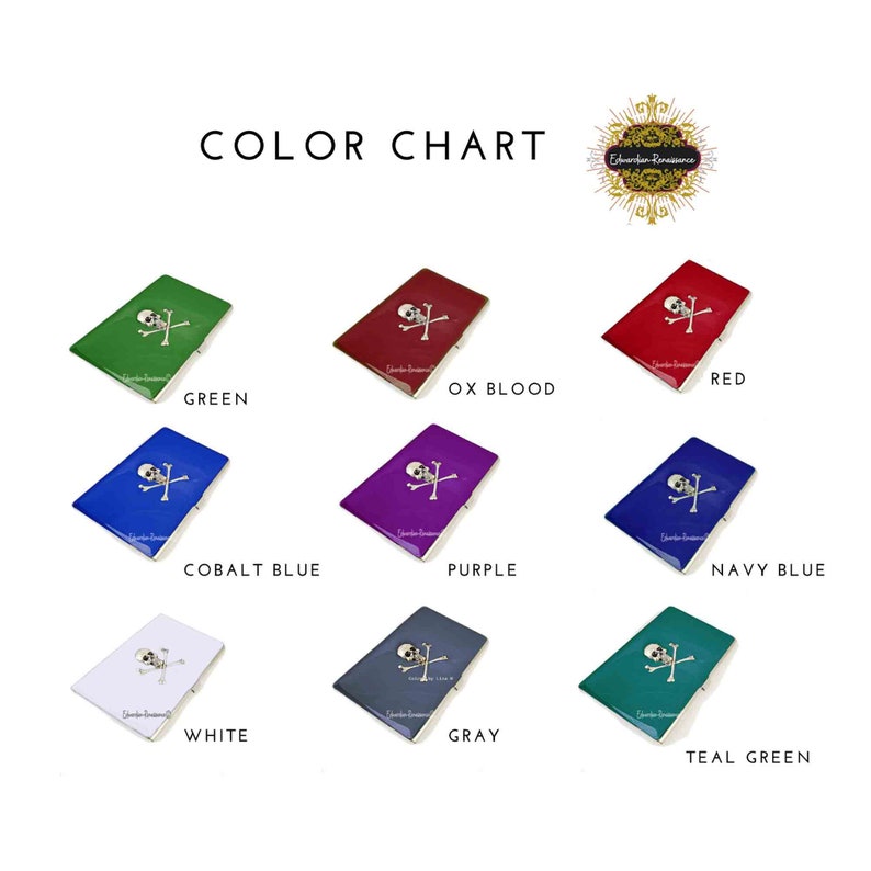 May include: Color chart showing ten different colors of a small rectangular box with a skull and crossbones design. The colors are green, ox blood, red, cobalt blue, purple, navy blue, white, gray, and teal green.