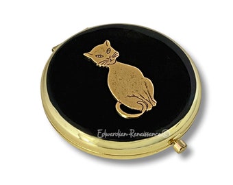 Antique Gold Cat Compact Mirror in Hand Painted Black Enamel Vintage Design with Color and Personalized Options