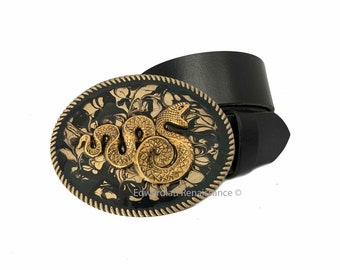 Cobra Snake Belt Buckle: Gold & Black Metal, Green Stone  display picture 3