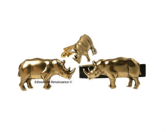 Rhino Cufflinks and Tie Clip Set Neo Victorian Rhinoceros Safari Inspired Vintage Style with Color Options