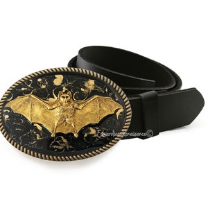 Flying Vampire Bat Belt Buckle Inlaid in Hand Painted Glossy Black with Gold Swirl Gothic Victorian Ornate Buckle with Color Options