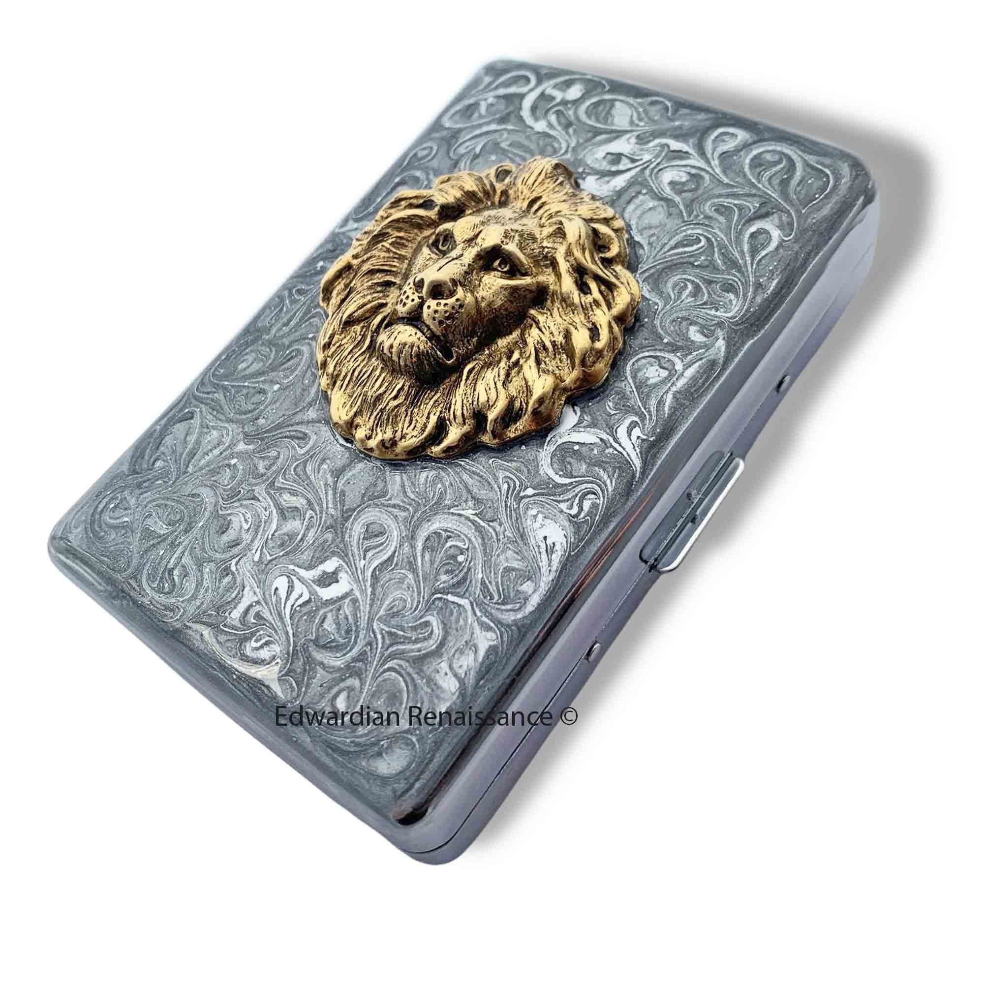 Antique Gold Lion Cigarette Case, Silver Swirl Enamel, Personalized Option 