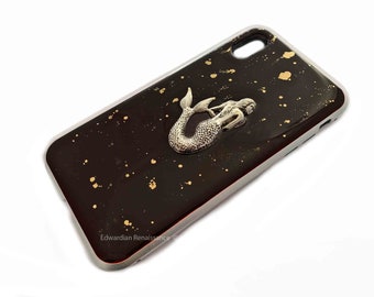 Antique Silver Mermaid Phone Case for IPhone or Galaxy Inlaid in Hand Painted Black Silver Enamel Nautical Design with Color Options