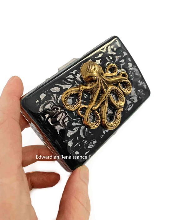 octopus cigarette case Octopus Cigarette Case: Antique Gold Kraken, Black Swirl Enamel