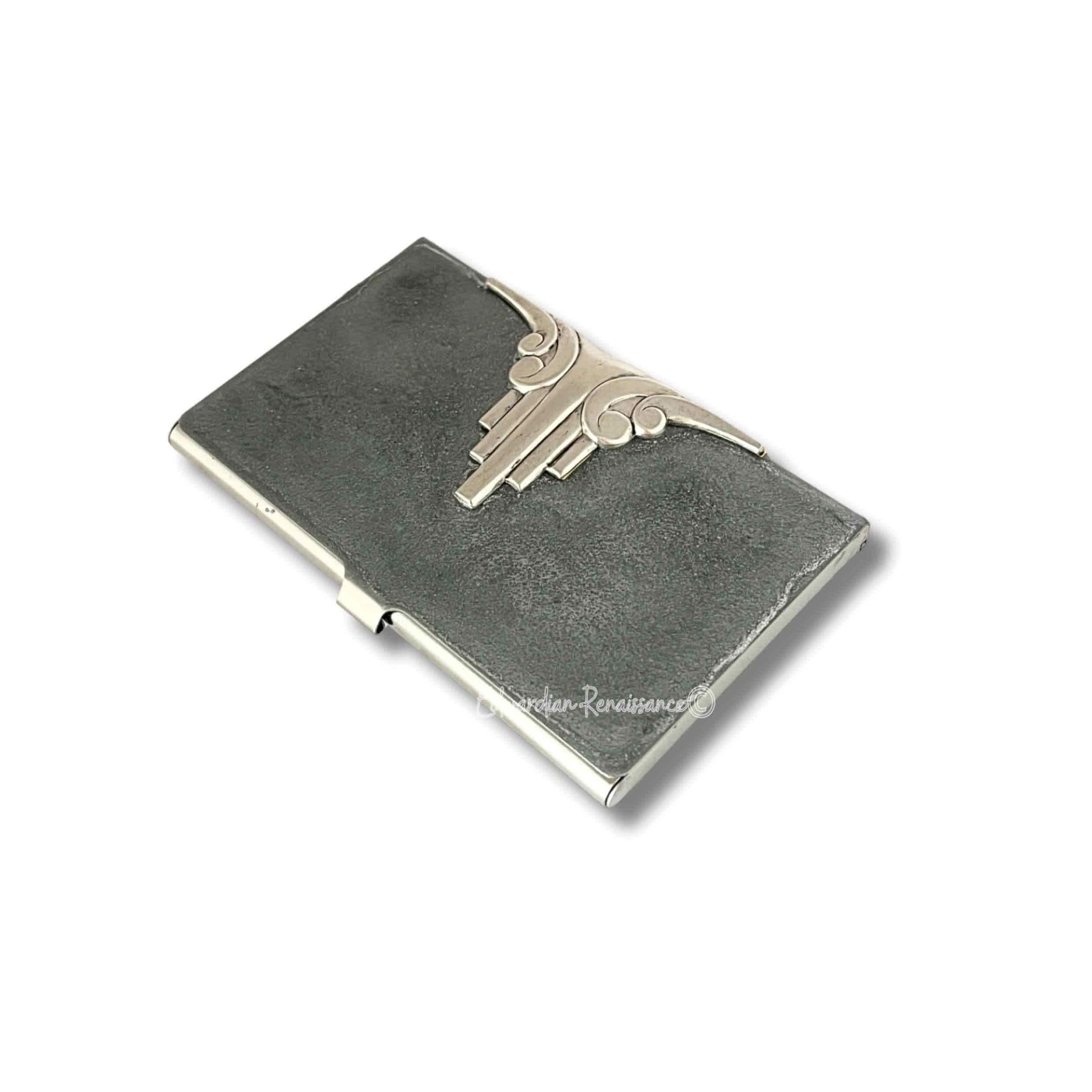 Art Deco Business Card Case: Hand Painted Silver Enamel, Personalized