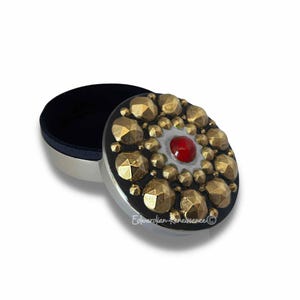 Antique Gold Bejeweled Jewelry Box: Hand Painted Enamel, Velvet Lined