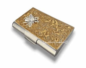 Tarjetero de abeja de plata antigua, esmaltado con espirales doradas, personalizado