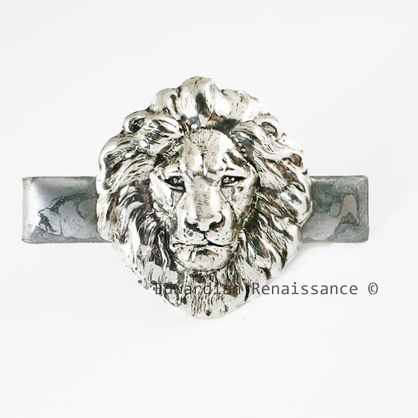 Lion Head Tie Clip Inlaid in Hand Painted Metallic Silver Enamel Neo Victorian Lannister Inspired Cufflink Set Options and Other Colors