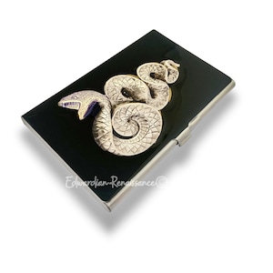 Caja de tarjeta de serpiente de plata antigua con incrustaciones de serpiente gótica victoriana de esmalte negro brillante pintada a mano con opciones personalizadas y de color