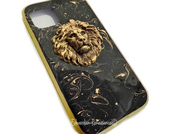 Hand Painted Lion Phone Case: Black & Gold Swirl Enamel