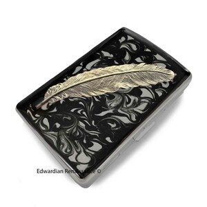 Silver Ravens Feather Metal Cigarette Case Inlaid in Hand Painted Glossy Black Ink Enamel Swirl Design with Personalized and Color Options