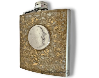 Antique Silver Moon and Stars Flask in Hand Painted Gold Swirl Enamel Vintage Style with Engraving and Color Options