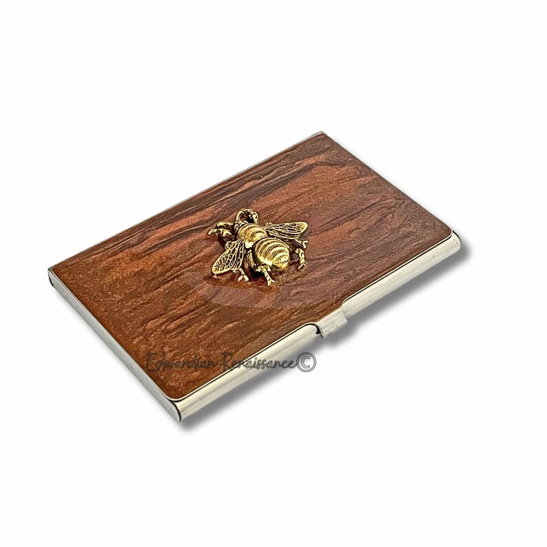Antique Gold Bee Business Card Case: Hand-Painted Silver Swirl Enamel image 11