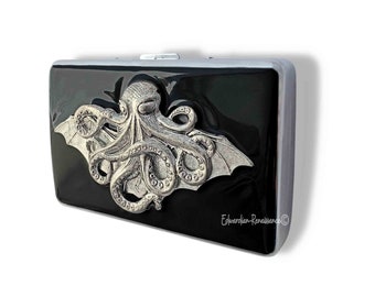 Cthulhu Cigarette Case: Hand-Painted Black Enamel, Steampunk Style