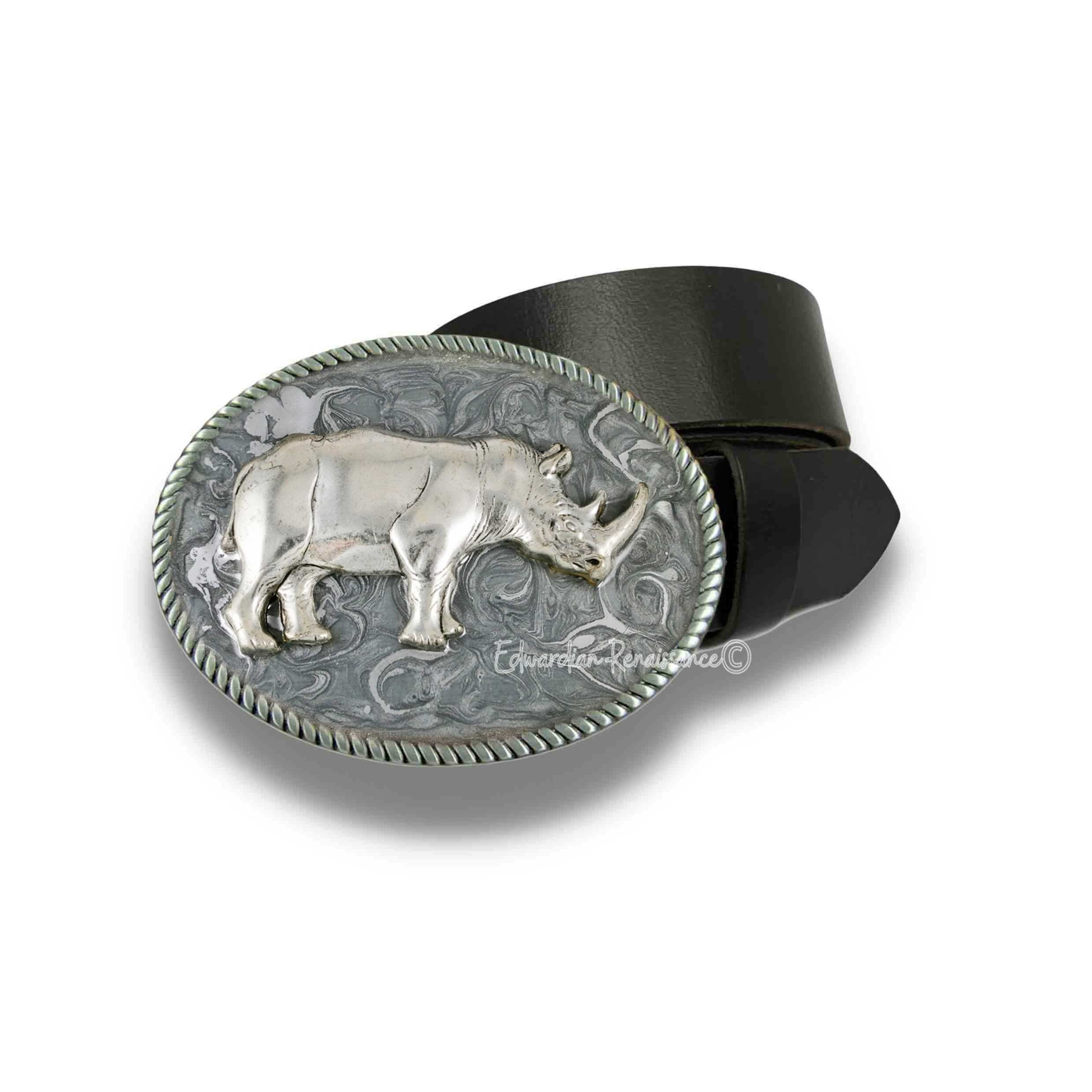 Silver Rhino Belt Buckle: Hand-painted Enamel, Victorian Safari