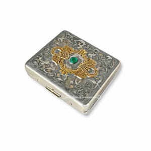 Art Nouveau Pill Box, 8 Day Individual Compartments, with Green Jewel, Personalized Gift and Color Options, Silver Swirl Enamel