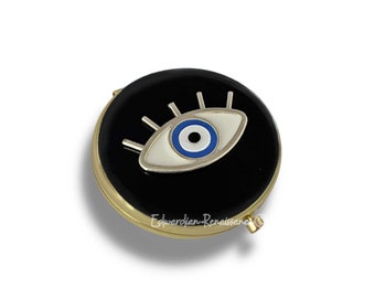 Evil Eye Compact Mirror Inlaid in Hand Painted Glossy Black Enamel Vintage Style with Color and Personalized Options