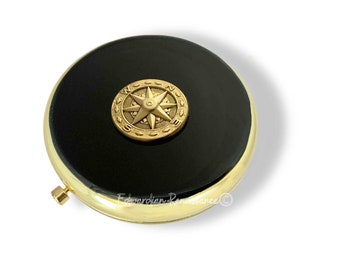 Compass Compact Mirror in Glossy Black Enamel Art Deco Nautical Style with Color and Personalized Options