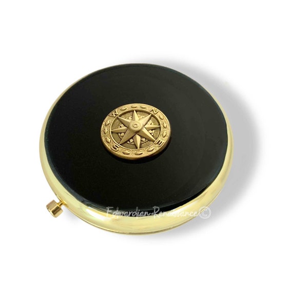 Compass Compact Mirror in Glossy Black Enamel Art Deco Nautical Style with Color and Personalized Options