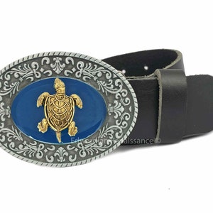 Sea Turtle Belt Buckle: Hand-Painted Enamel Art Deco Style