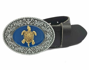 Sea Turtle Belt Buckle Inlaid in Hand Painted Glossy Navy Enamel Art Deco Style Metal Buckle with Color Options