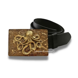 Boucle de ceinture Octopus : Kraken en or antique, émail peint à la main