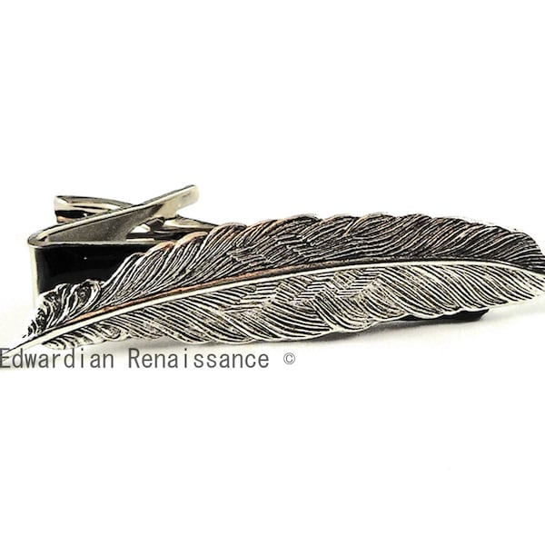 Ravens Feather Tie Clip in ANtique Sterling SIlver Inlaid in Hand Painted Black Enamel Neo Victorian Design Accent Other Colors Available