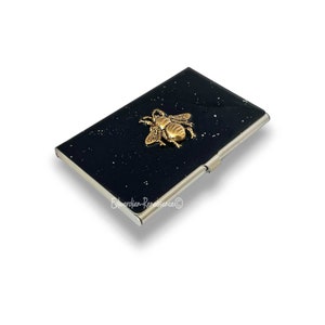 Porta biglietti da visita in oro antico con ape intarsiato dipinto a mano in nero con smalto a spruzzi d'argento in stile vintage, opzioni di personalizzazione e colore