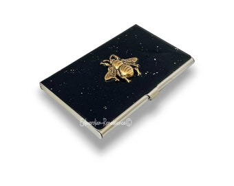 Antique Gold Bee Business Card Case Inlaid Hand Painted Black with Silver Splash Enamel Vintage Style Personalize and Color Options