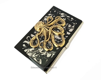 Octopus Business Card Case Inlaid in Hand Painted Enamel Black Ink Swirl Design Gothic Kraken with Personalize and Color Options