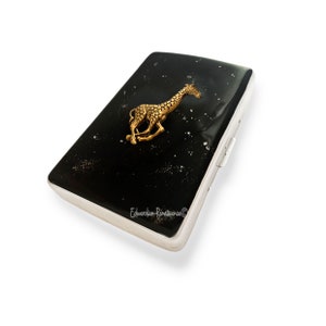 Antique Gold Giraffe Cigarette Case in Hand Painted Black with Silver Splash Enamel Safari Inspired with Personalized and Color Options