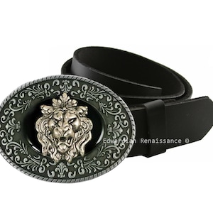 Gothic Lion Belt Buckle: Hand Painted Black Onyx Enamel, Medieval Brocade Design