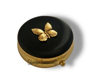 Antique Gold Butterfly Pill Box Inlaid in Hand Painted Black Enamel Art Nouveau Design Round Pill Case Personalize and Color Options