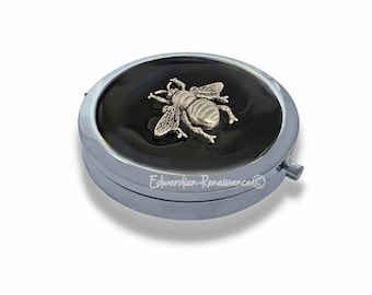 Antique Silver Bee Pill Box: Hand Painted Enamel Compact Mirror