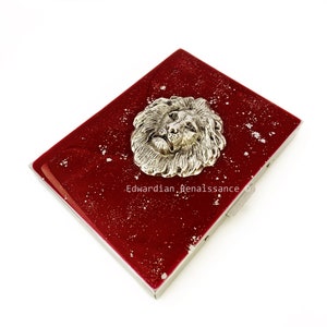 Feirce Lion Head Cigarette Case Inlaid in Oxblood with Silver Splash Enamel NeoClassic Leo Personalize and Color Options Available