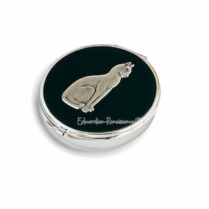 Antiekzilveren kattenpillendoos met 7 vakken in handgeschilderd zwart emaille vintage stijl met gepersonaliseerde en kleuropties