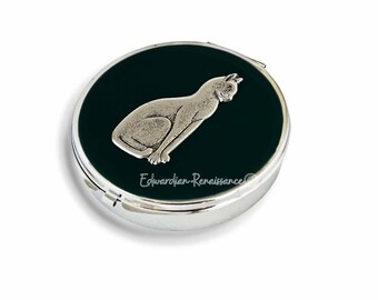 Boîte à pilules chat antique en argent : émail peint à la main, option personnalisée