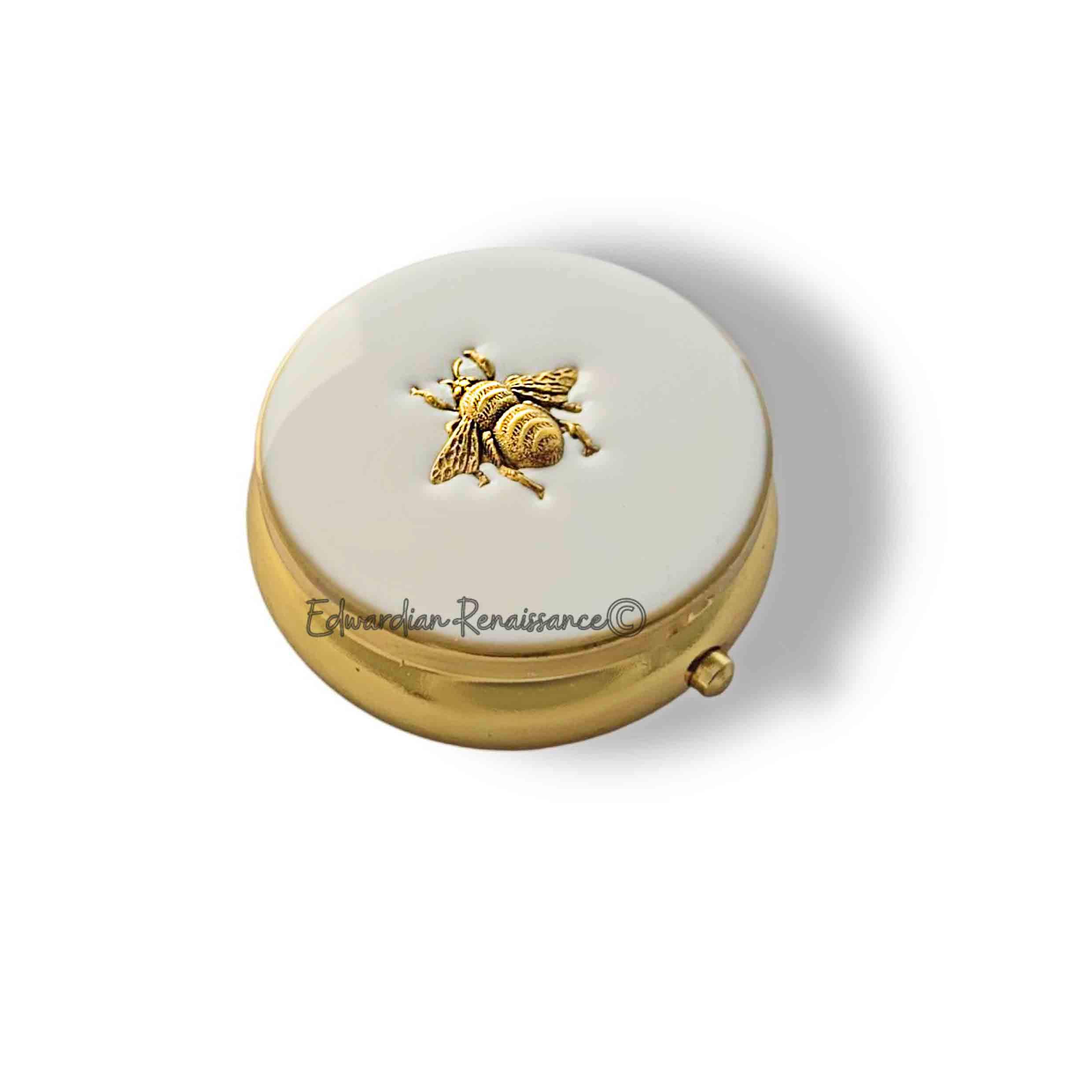 Antique Gold Bee Pill Box: Hand-Painted Enamel, Vintage Style