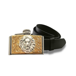 Lion Head Flask Belt Buckle: Hand-Painted Gold Enamel, Neo Victorian