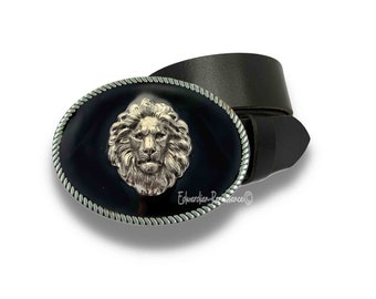 Lion Belt Buckle Inlaid in Hand Painted Glossy Black Enamel  Neoclassic Leo Vintage Style with Assorted Color Options