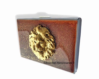 Antique Gold Lions Head Credit Card Wallet RFID Blocker in Hand Painted Metallic Copper Enamel with Color and Personalized Option