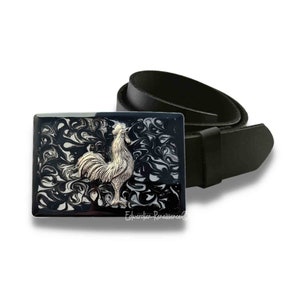 Antique Silver Rooster Belt Buckle: Black Ink Swirl Enamel, Vintage Style