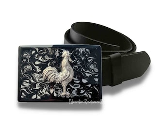 Antique Silver Rooster Belt Buckle: Black Ink Swirl Enamel, Vintage Style