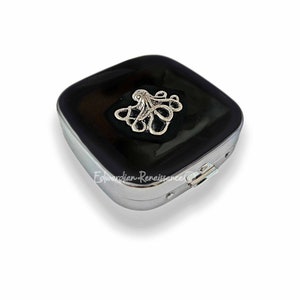 Antique Silver Octopus Pill Box Inlaid in Hand Painted Black Enamel Nautical Inspired Personalized and Color Options Available
