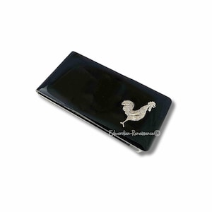 Prendedor de dinheiro de galo de prata antigo incrustado em esmalte preto brilhante pintado à mão estilo vintage com opções personalizadas e de cores